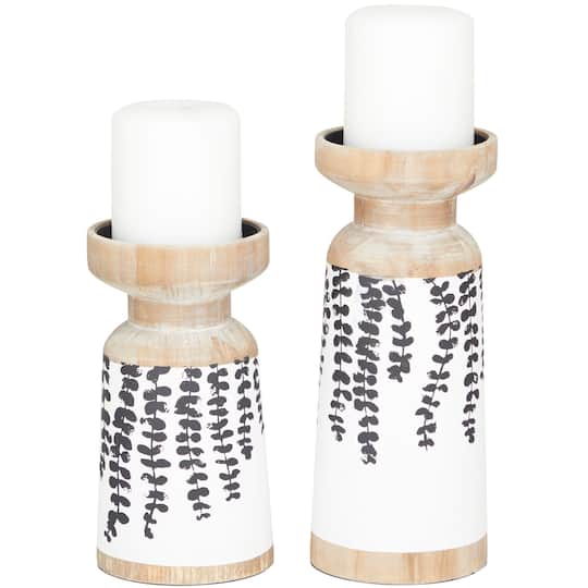 Brown Wood Drooping Vine Pillar Leaf Candle Holder Set